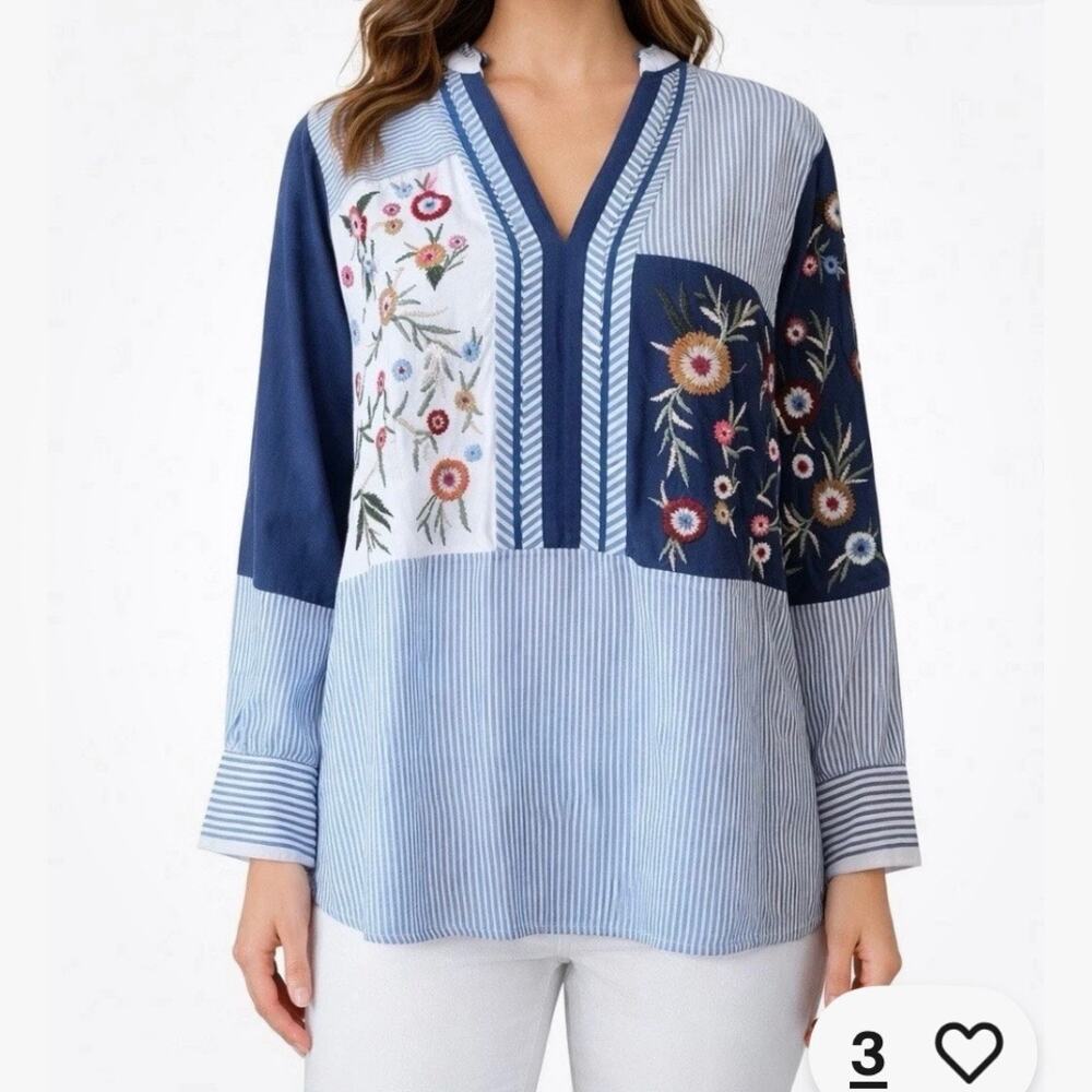 Chico's Cotton Patchwork Top Blue White V-neck Size 16/18 Floral Embroidery Boho
